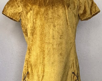 60s Mod Yellow Gold Chenille Short Sleeve Mini Dress with Chain Accents