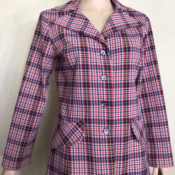 70s Mod Red White Blue Plaid Polyester Knit Long Sleeve Button Blazer Jacket