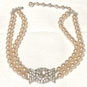 Vintage Faux Pearl Choker: 1960s Double Strand Rhinestone Necklace