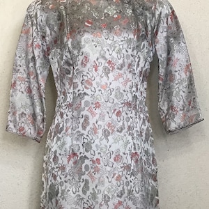 Vintage jaren 50 dames/traditionele Chinese cheongsam zilveren zijden bloemenbrokaat qipao-jurk
