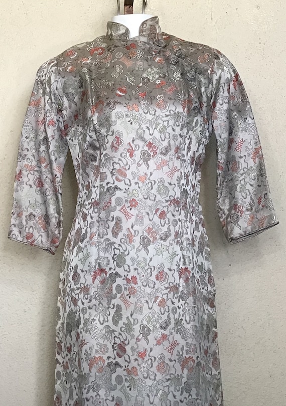 50s Traditional Chinese Cheongsam Silver Silk Flor