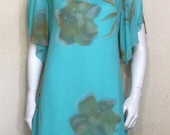 60s Menger Smart Shops San Antonio Tx Aquamarine Blue Green Floral Sheer Short Sleeve Mini Dress