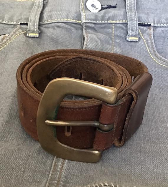90s Brown Real Leather Belt with Gold Solid Brass 