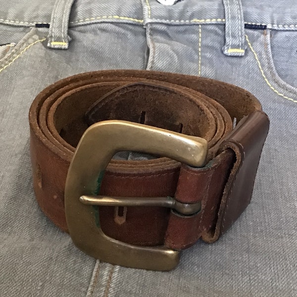 90s Brown Real Leather Belt with Gold Solid Brass Buckle