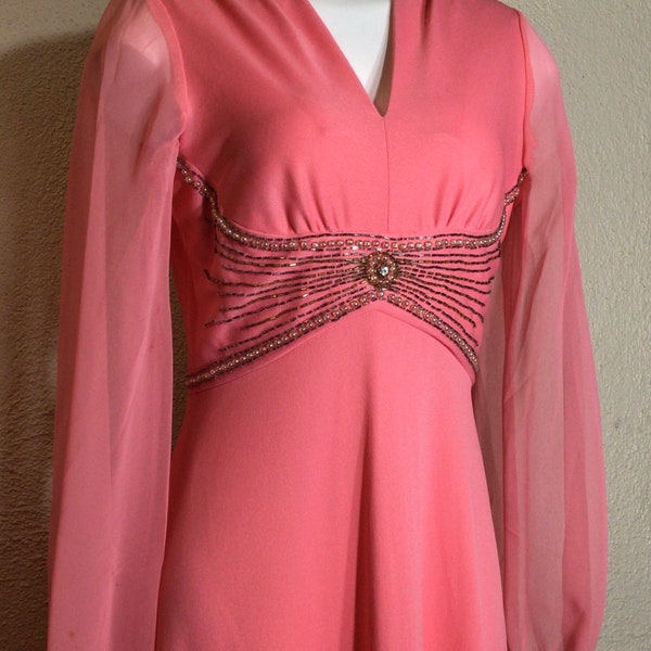 Vintage 60s Salmon Chiffon Maxi Dress: Beaded Empire Waist Gown