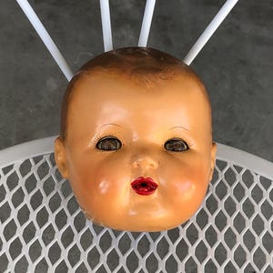 Vintage 50s / Baby Doll Head / Hard Plastic / Reddish Brown Hair / Open Mouth / Exposed Red Tongue / Green Tin Sleep Eyes / Doll Parts