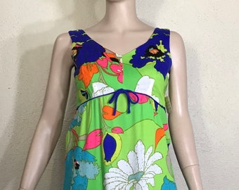 60s Casual Ceire by Paradise Hawaii Blue Green Floral Made In Hawaii Sleeveless Maxi Coverup Dress
