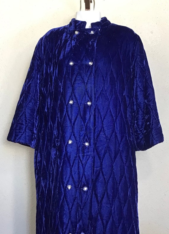 70s Royal Blue Velour Quilted Long Sleeve Button … - image 1