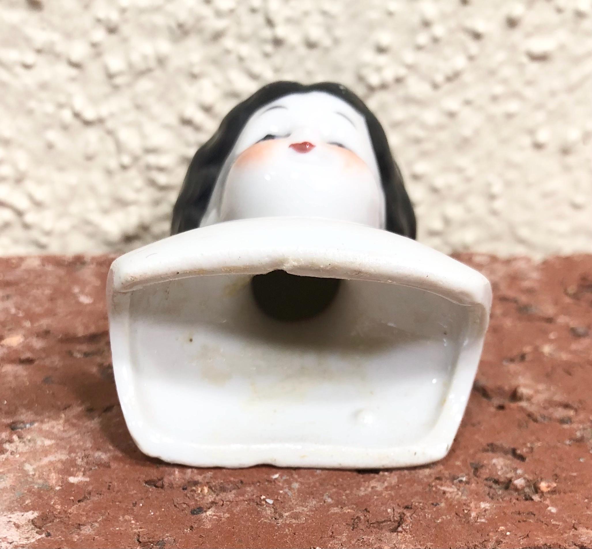 Early 1900's Antique German China Head Doll: Black Molded Hair