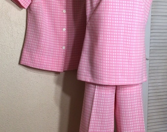 3 PCs 70s Mod Pink White Geometric Polyester Handmade Capris Pants Outfit