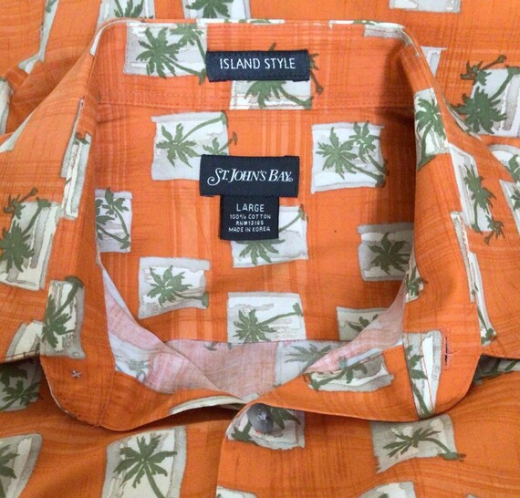 Vintage Y2K Mens Hawaiian Shirt: St Johns Bay Orange Floral Aloha Shirt View 2