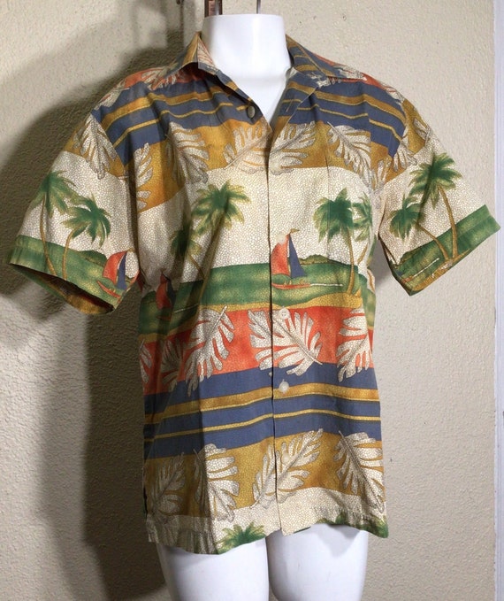 80s Miami Vice Mens Beige Green Floral Tropical S… - image 5
