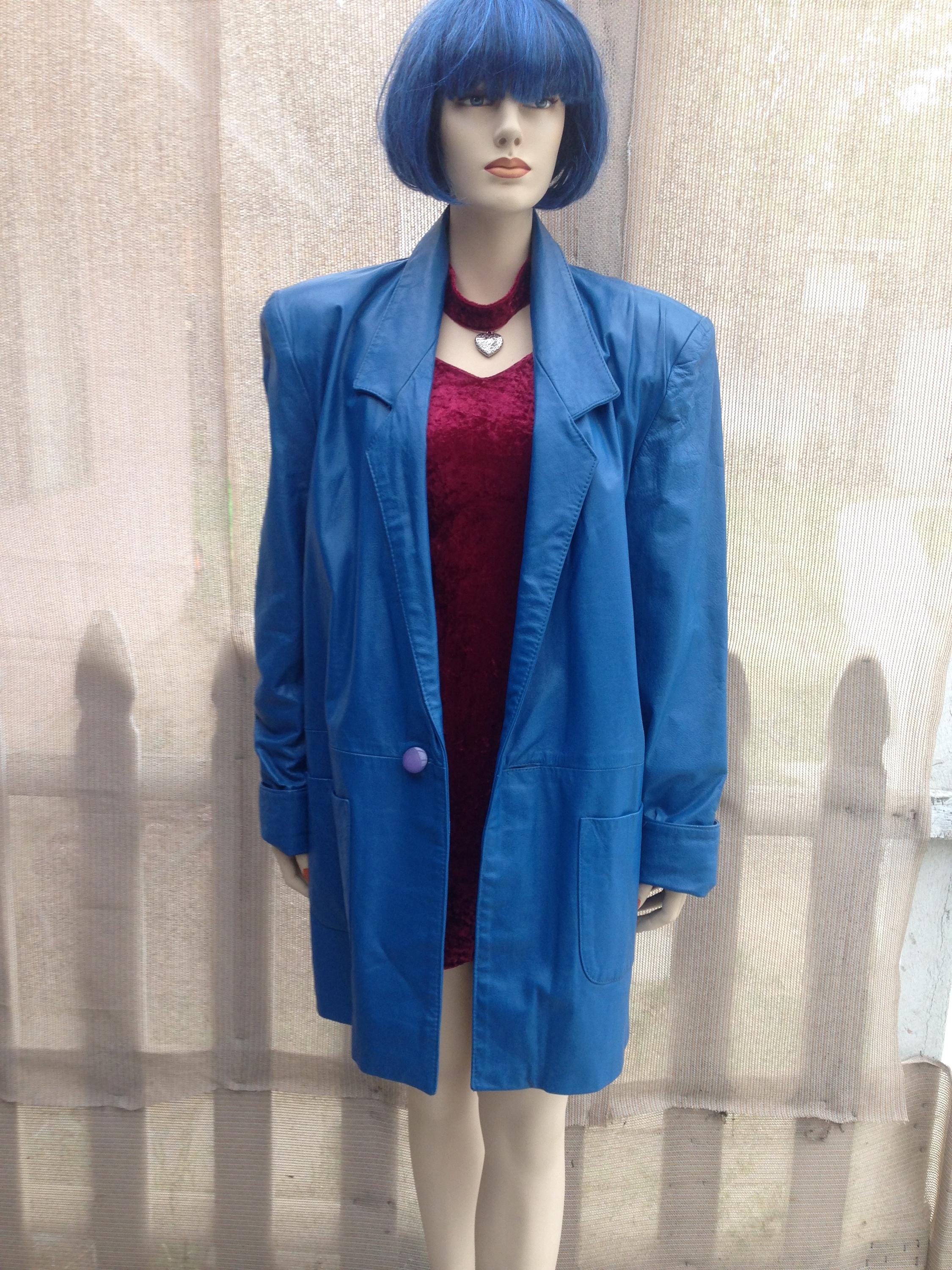 ジャケット・アウター vintage power shoulder super long coat Vintage 80s Electric Blue Leather Coat: Aggie Georgette for