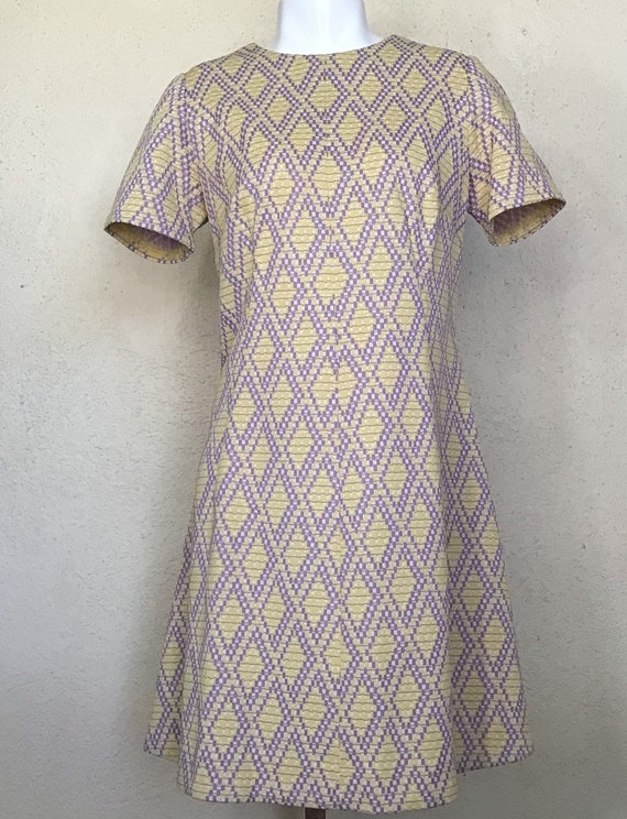 70s MOD Geometric Purple Yellow Polyester Knit Ha… - image 8