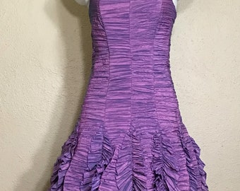 90s Jessica McClintock Purple Strapless Ruched Ruffled Mini Party Prom Dress