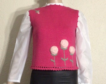 60er Jahre Rosa 3-D Floral Handgemachte Strickpullover Weste