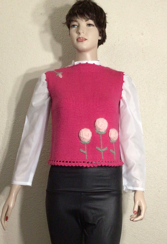 60s Pink 3-D Floral Handmade Knitted Pullover Swea