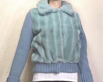 Vintage Y2K Blue Knit Sweater Jacket: Faux Fur Accent