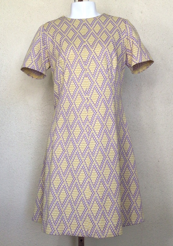 70s MOD Geometric Purple Yellow Polyester Knit Ha… - image 1