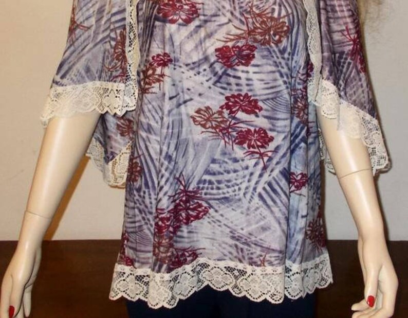 Vintage 70/'s Bohemian Hippie Chic Purple Floral Leaf Angel Wing Sleeve Pullover Blouse Top