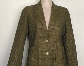 Veste blazer boutonnée à manches longues en tweed noir jaunâtre des années 70, 80