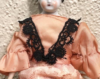 Early 1900's Antique German China Head Doll: Black Molded Hair