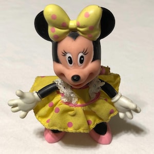 Vintage Disney / Mini Mouse / Yellow Pink Bow / Removeable Dress /Mickey Mouse Friend /Bendable Arms Legs /Molded Plastic /Action Toy Figure
