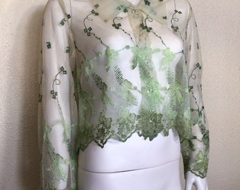 Y2K Sheer Green Crop Top, Floral Ribbon Lace, Long Sleeve
