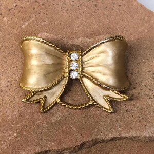 Vintage Rhinestone Bow Brooch: 1960s Gold Tone Ribbon Pin