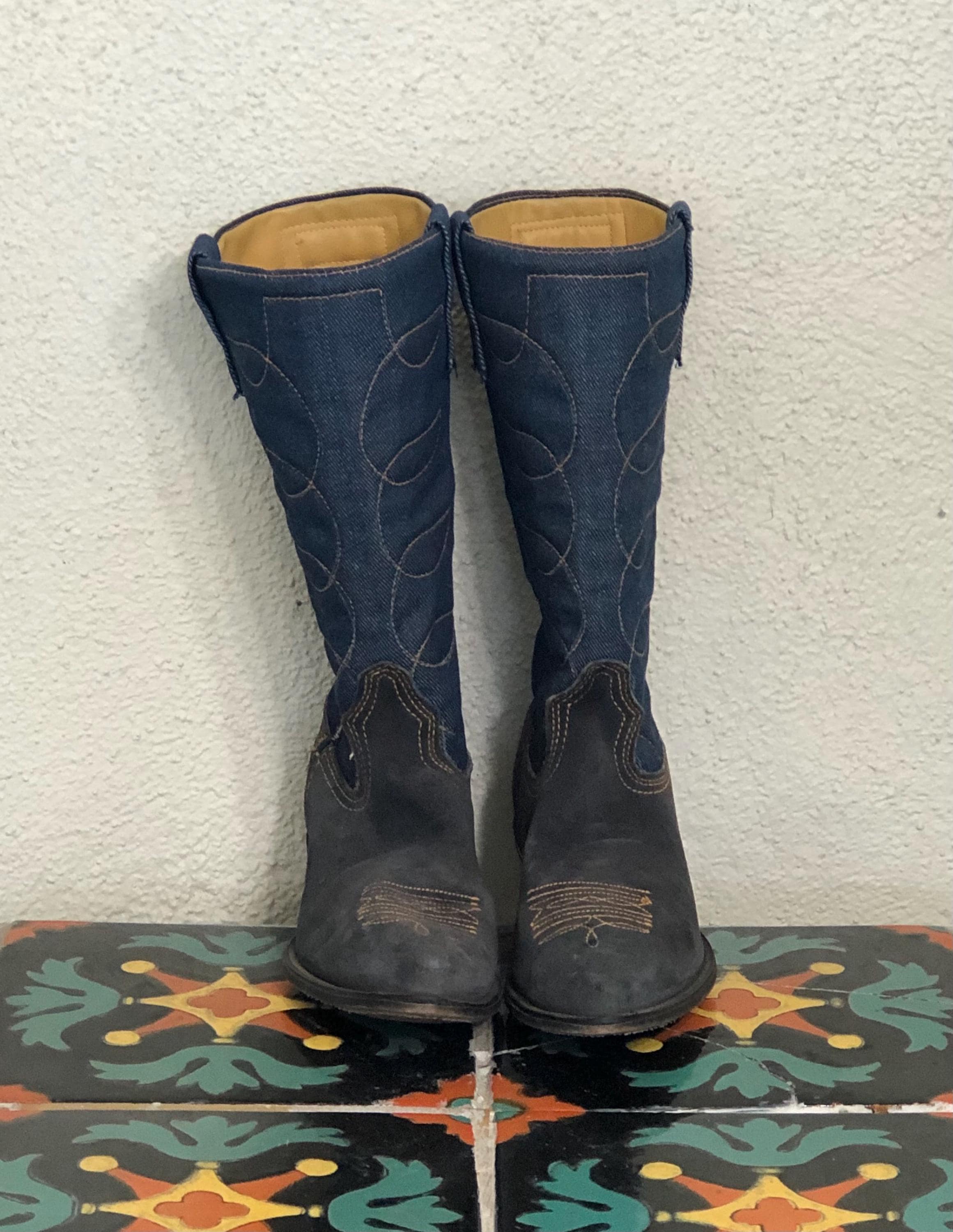 Vintage 70s Acme Denim Western Boots, Blue Jean Cowgirl Style, Size 5.5M