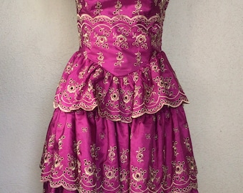 Vintage Betsey Johnson Corset Dress: 80s Gold Eyelet Strapless Party Dress