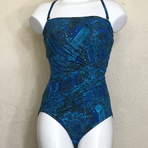 Vintage 80s Womens / Miraclesuit One Piece / Blue Green Paisley / Abstrast Paisley / Crisscross Back / Strapless Swimsuit / Beach Lifestyle