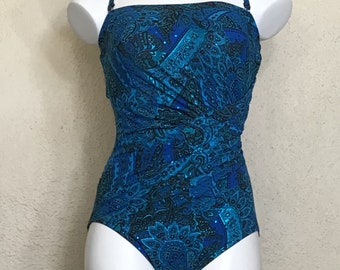 Vintage 80s Miraclesuit Swimsuit: Blue Paisley Crisscross Back