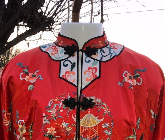 60s Asian Esme Red White Floral Embroidered Silk … - image 3