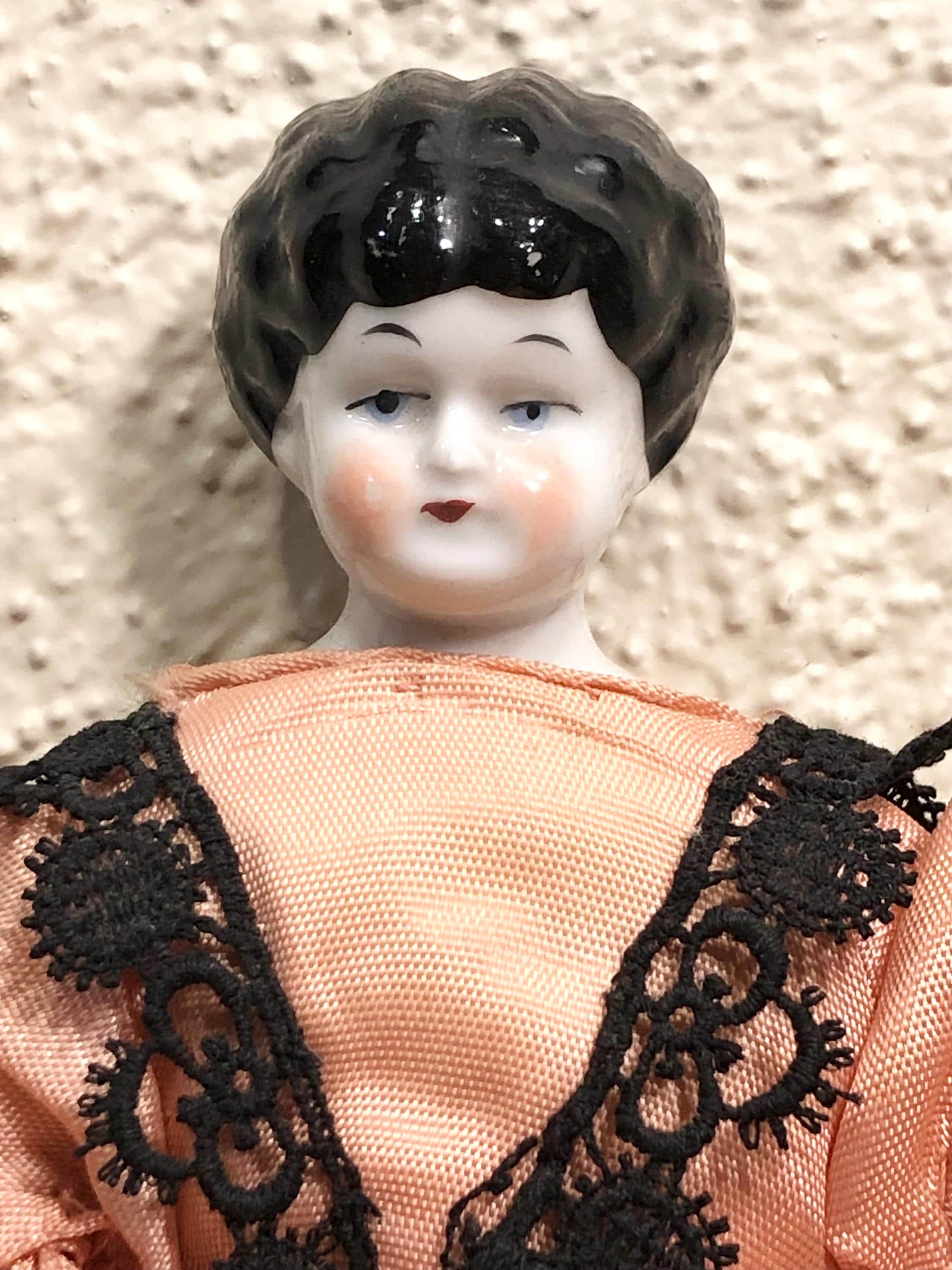 Early 1900's Antique German China Head Doll: Black Molded Hair