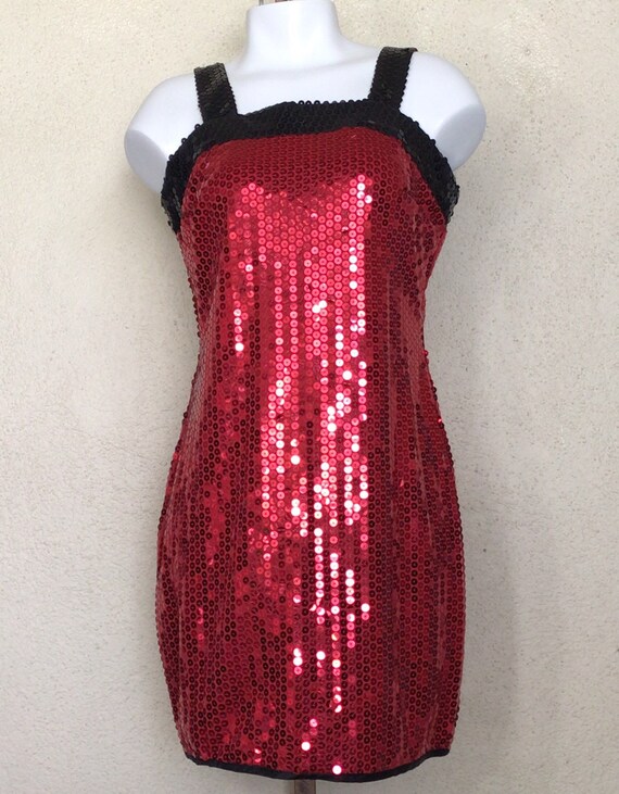 Vintage 90s Sequin Mini Dress: Red Black Sleeveless Cocktail Dress - Etsy