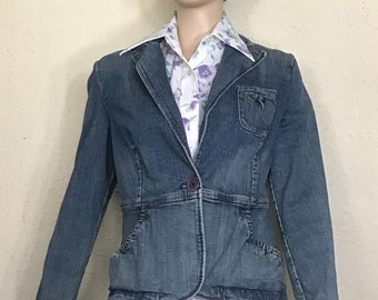 Twenty One 21 Blue Jean Denim Button Long Sleeve Blazer Jacket