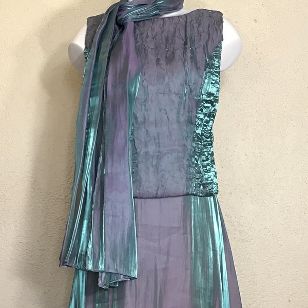 90s Patra Iridescent Bluish Green Sheer Sleeveless Maxi Dress With Extra Long Scarf