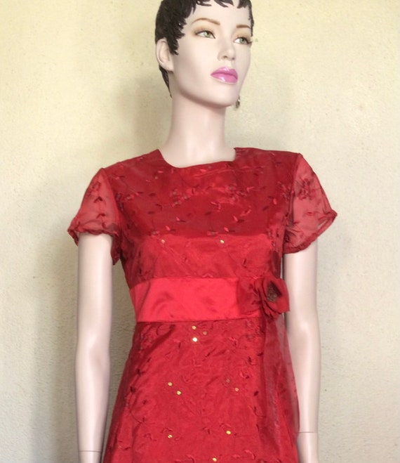 Vintage 80s Bonnie Jean Red Juniors Midi: Christmas Dress, Sequin Accents,  Sheer Flower Sash - Etsy