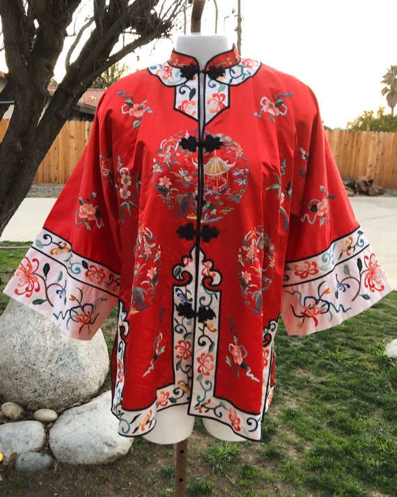 60s Asian Esme Red White Floral Embroidered Silk … - image 1
