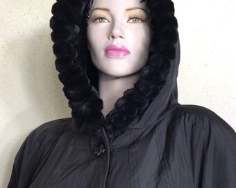 00s Hilary Radley New York Black Plush Faux Fur Reversible Long Sleeve Hooded Coat