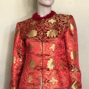 Vintage 80s Silk Chinese Jacket: Red Gold Lotus Flower Faux Fur Collar