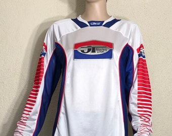 Vintage Y2K JT Racing USA Motorcycle Jersey: Red Blue White Pullover