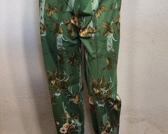 70s Green Yellow Floral Handmade Fitted Waist Straight Leg Pants