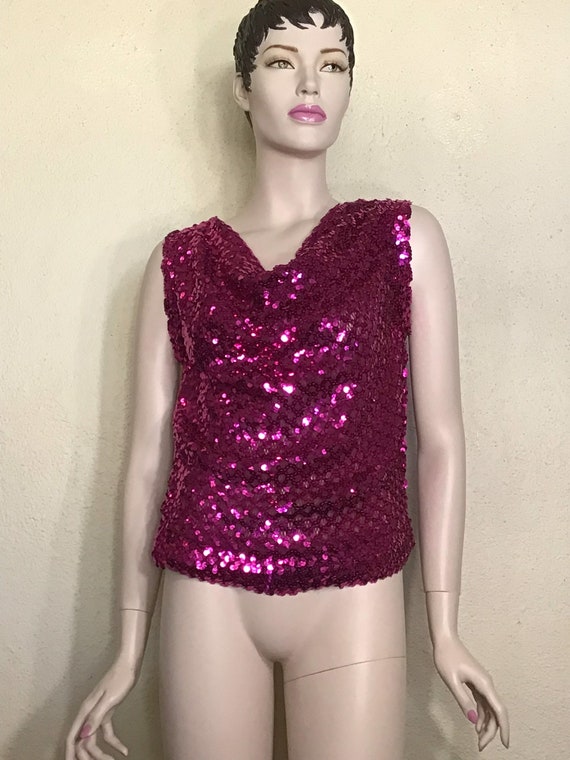 Vintage 80s Women's / Creations III / Hot Pink / Metallic / Sequin / Sleeveless / Cowl Neck / Blouse Top