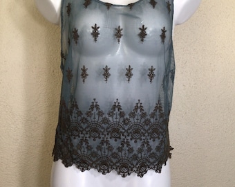 Vintage 30s Lace Camisole: Blue Sheer Sleeveless Top, Embroidered Floral Accents
