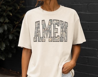 AMEN Camo Print T-shirt | Religious Typography Tee