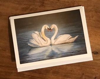 Pair of Swans, 5” x 7” Greetings Card, Symbol of Love, UK Artist