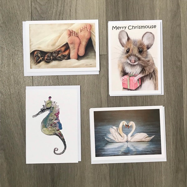 Mixed Greetings cards, set of 4, original art cards, wildlife and animals, birthday, Christmas, valentines all occasions, free UK postage