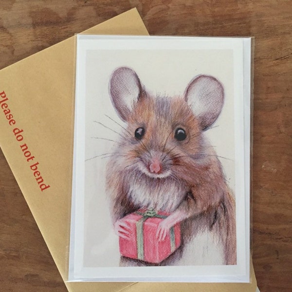 Cute Field Mouse, Holding Present, "Chrismouse", 5" x 7" Greetings Card, UK Artist